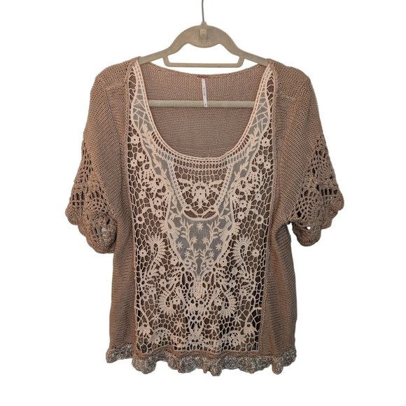 NWOT Free People Knit Cream Medium Oversized T-shirt Sweater with Lace - Picture 1 of 10